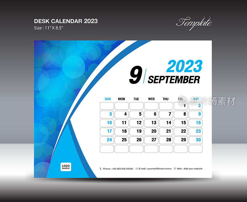 2023年9月模板- 2023年台历模板，2023年挂历，每周开始周日，记事本设计，文具设计，传单设计，印刷媒体，蓝色曲线背景矢量
